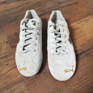Tan and Gold Suede Puma Sneakers